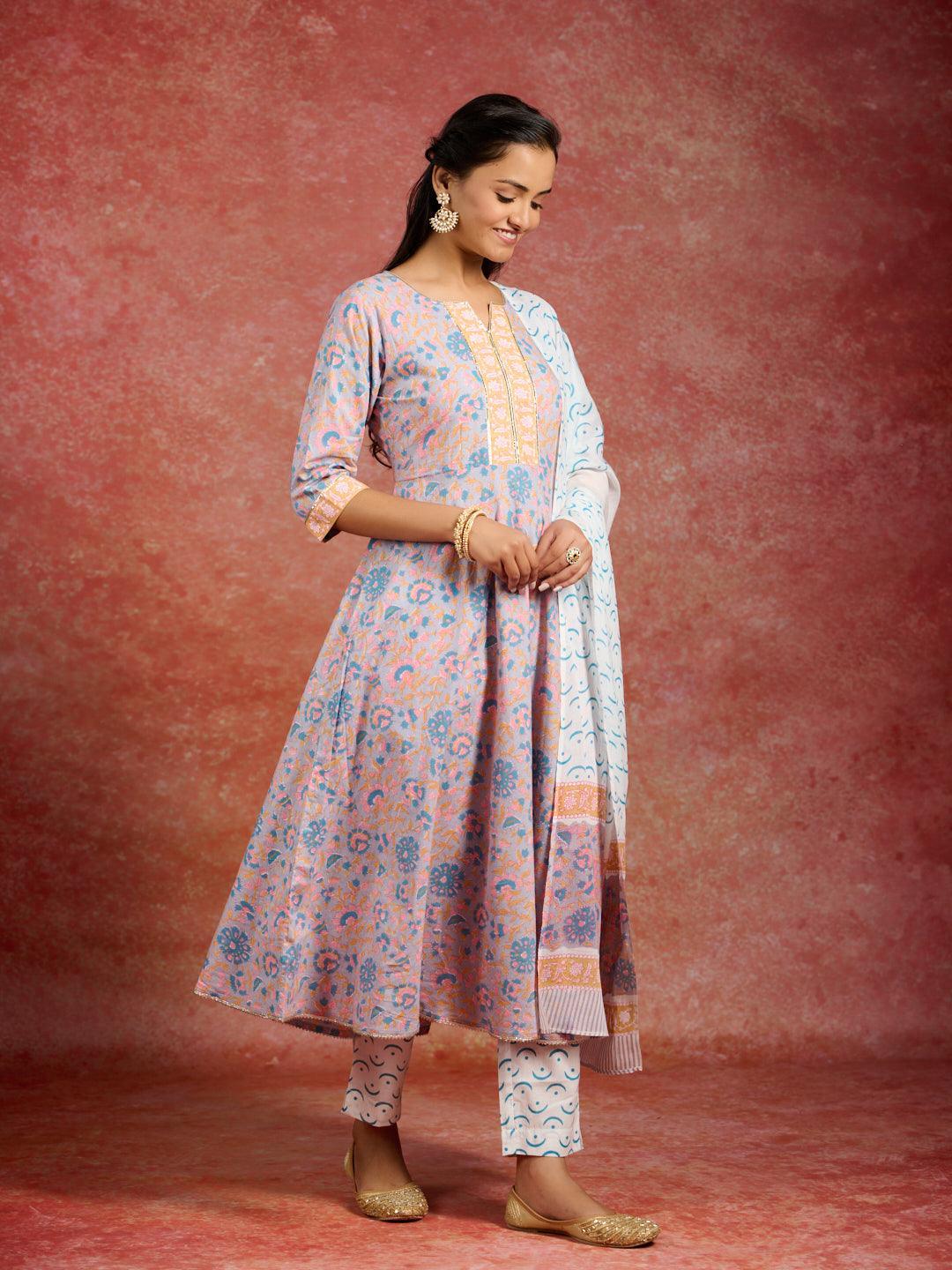 Grey Printed Cotton Anarkali Kurta With Trousers & Dupatta - ShopLibas