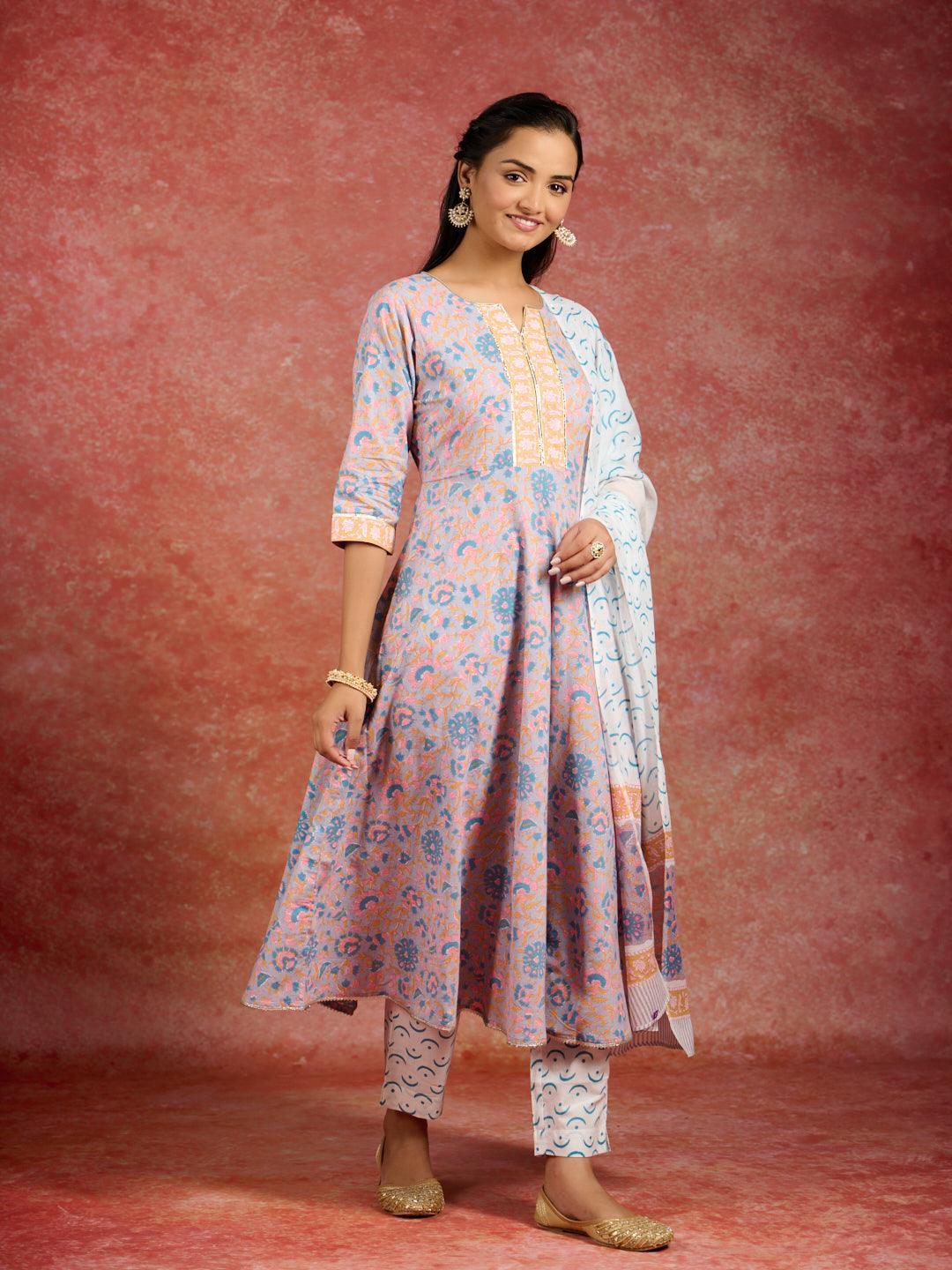 Grey Printed Cotton Anarkali Kurta With Trousers & Dupatta - ShopLibas