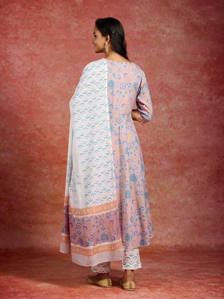 Grey Printed Cotton Anarkali Kurta With Trousers & Dupatta - ShopLibas