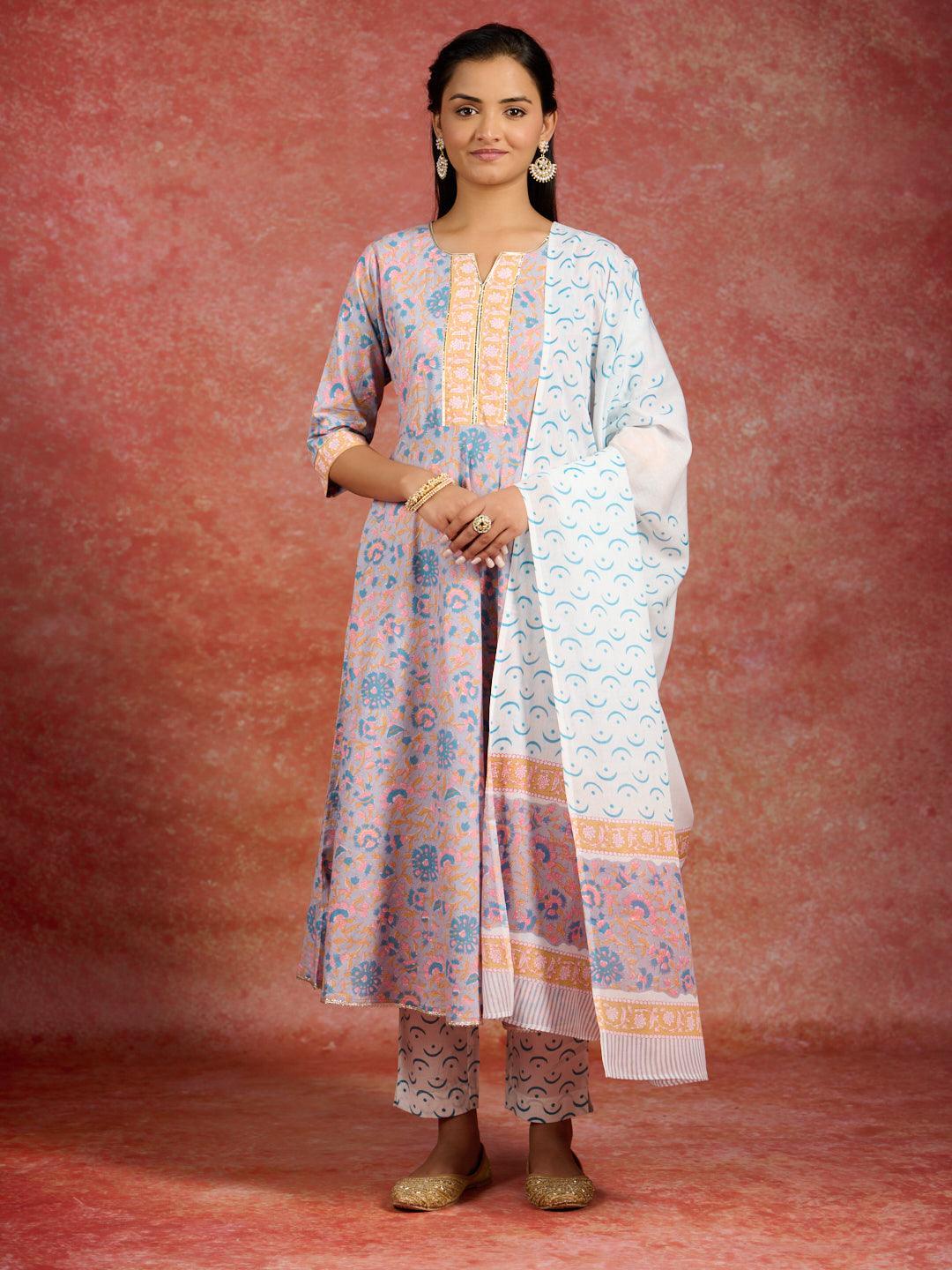 Grey Printed Cotton Anarkali Kurta With Trousers & Dupatta - ShopLibas