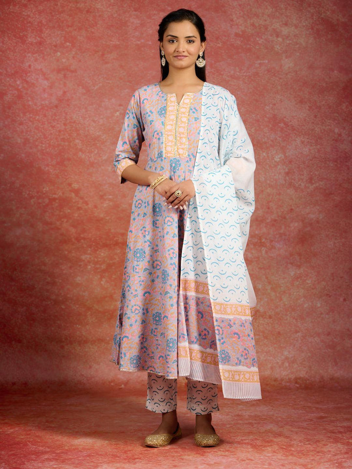 Grey Printed Cotton Anarkali Kurta With Trousers & Dupatta - ShopLibas