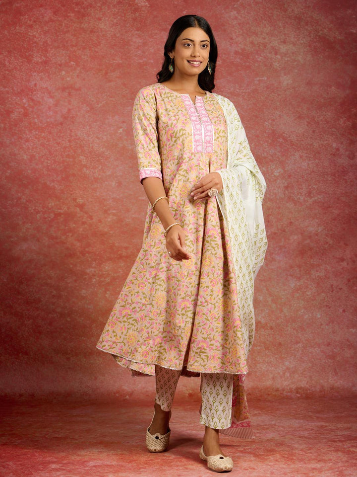 Tan Printed Cotton Anarkali Kurta With Trousers & Dupatta - ShopLibas