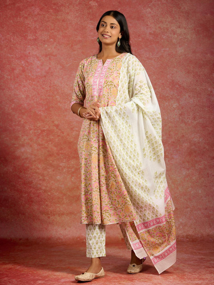 Tan Printed Cotton Anarkali Kurta With Trousers & Dupatta - ShopLibas