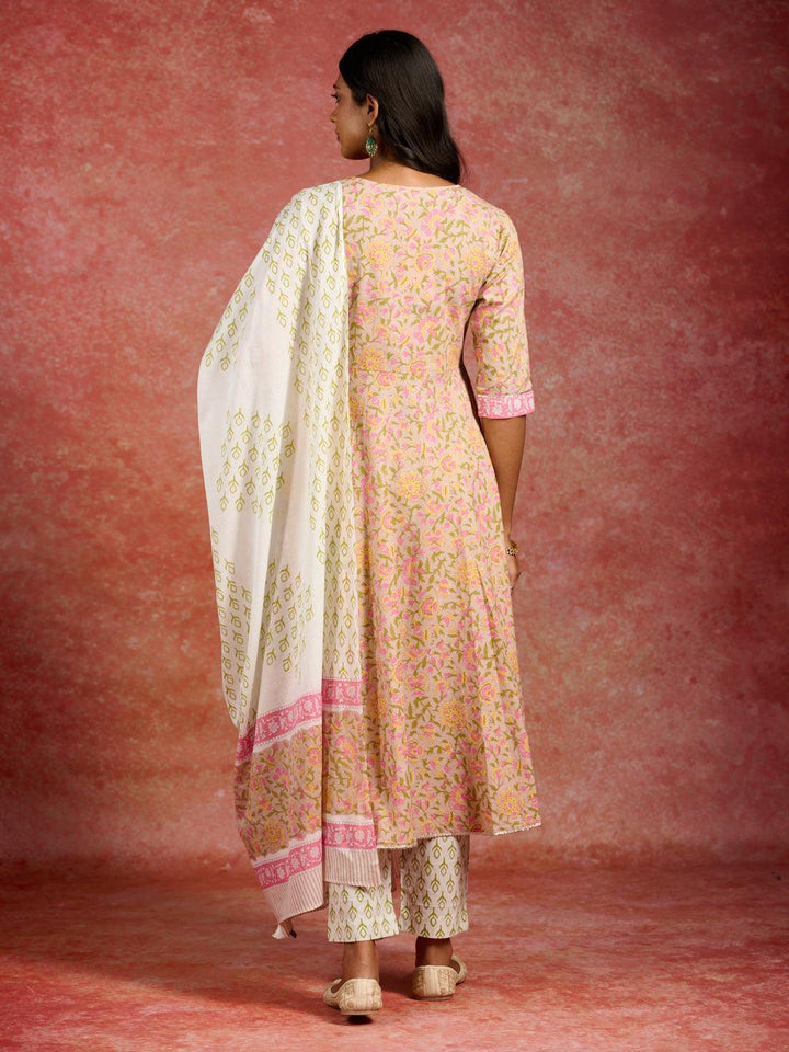 Tan Printed Cotton Anarkali Kurta With Trousers & Dupatta - ShopLibas