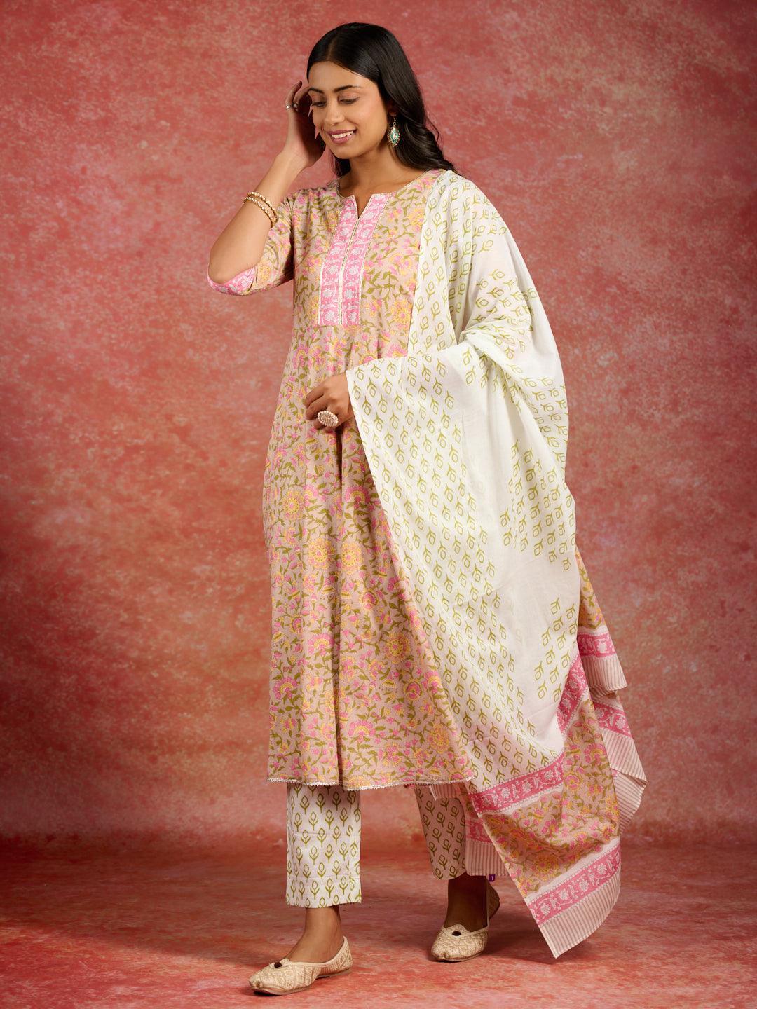 Tan Printed Cotton Anarkali Kurta With Trousers & Dupatta - ShopLibas