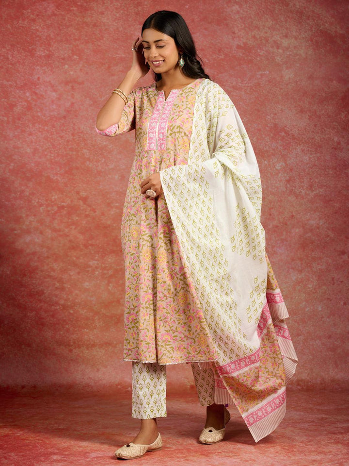 Tan Printed Cotton Anarkali Kurta With Trousers & Dupatta - ShopLibas