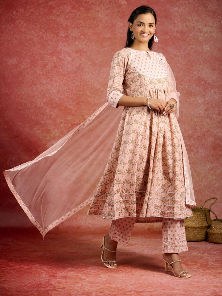 Peach Printed Cotton Anarkali Kurta With Trousers & Dupatta - ShopLibas