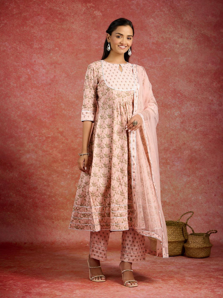 Peach Printed Cotton Anarkali Kurta With Trousers & Dupatta - ShopLibas