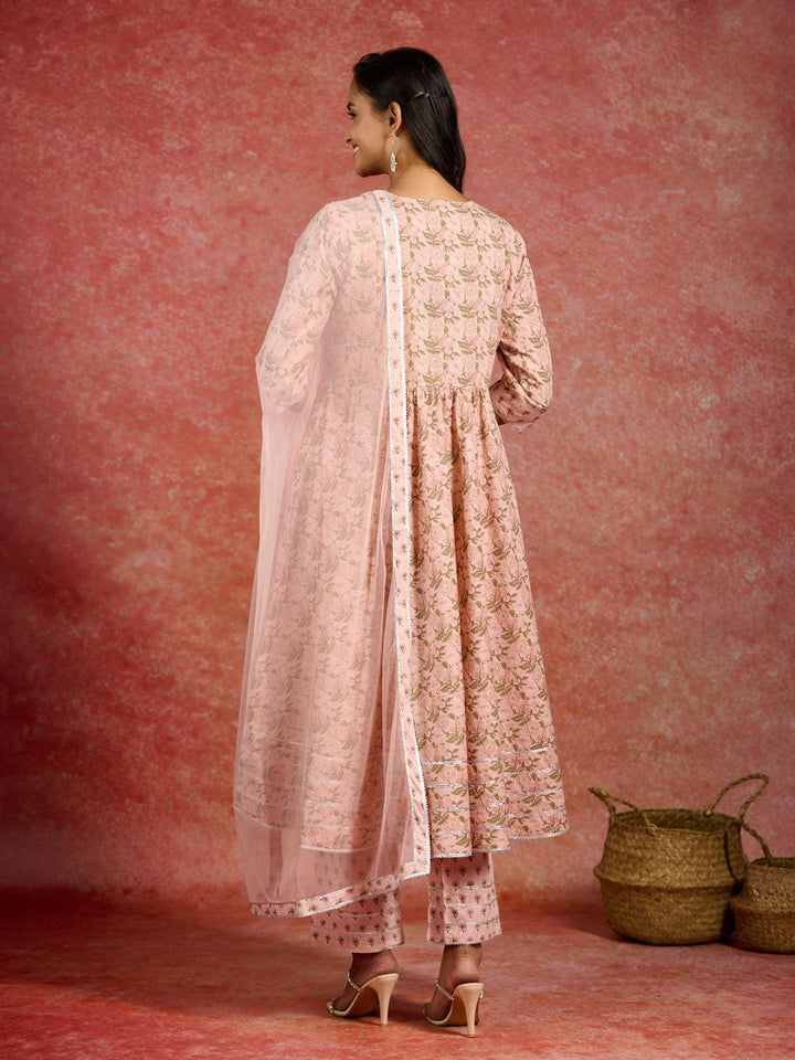 Peach Printed Cotton Anarkali Kurta With Trousers & Dupatta - ShopLibas