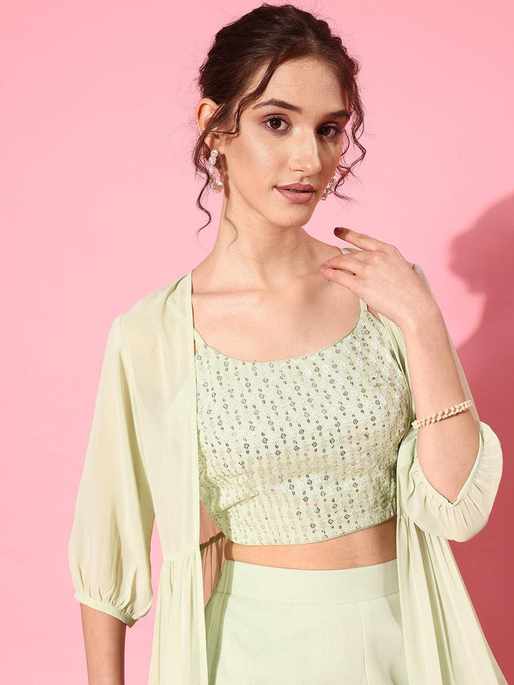 Green Embellished Georgette Co-Ords - ShopLibas