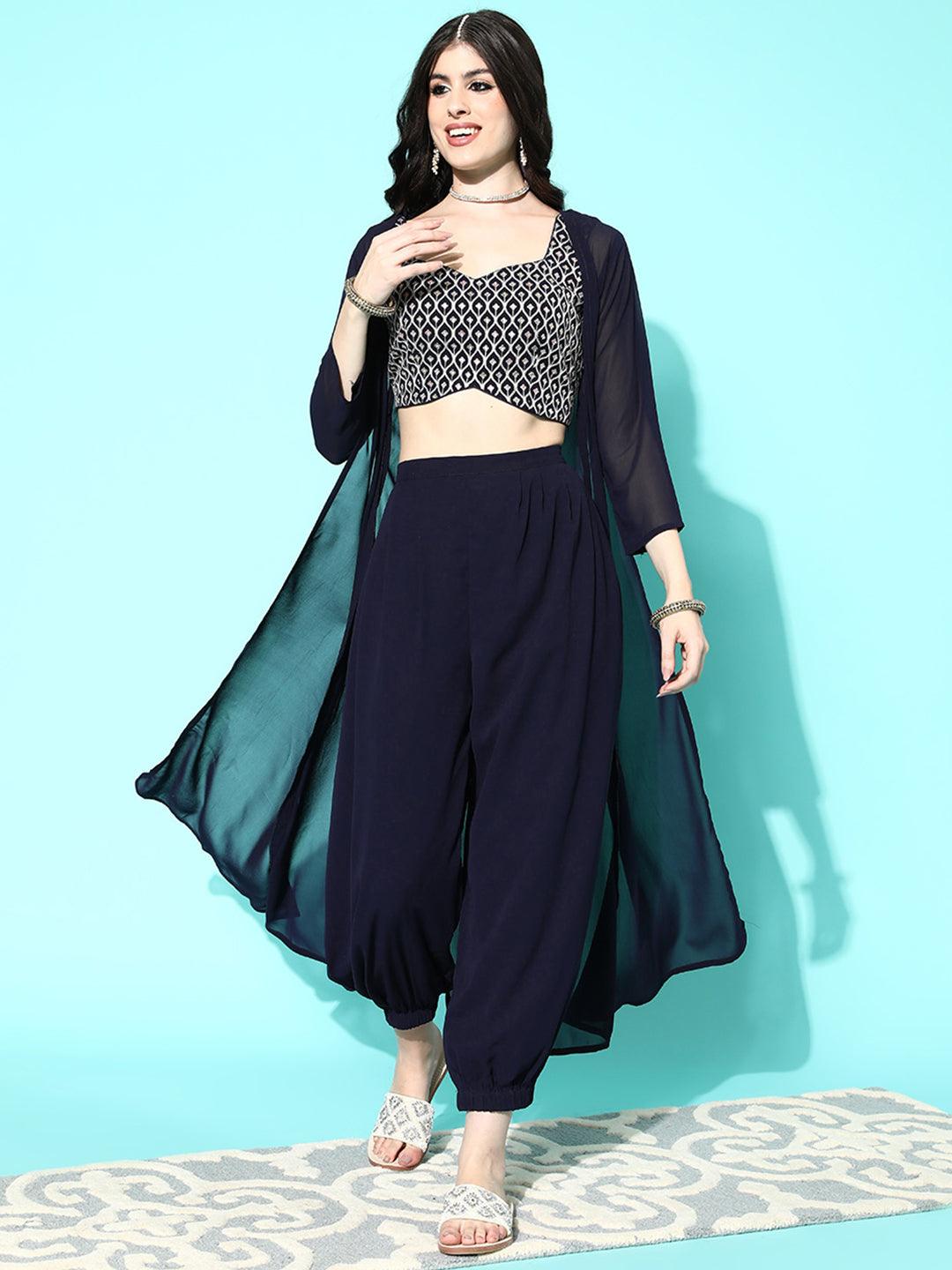 Navy Blue Embellished Georgette Top With Salwar & Shrug