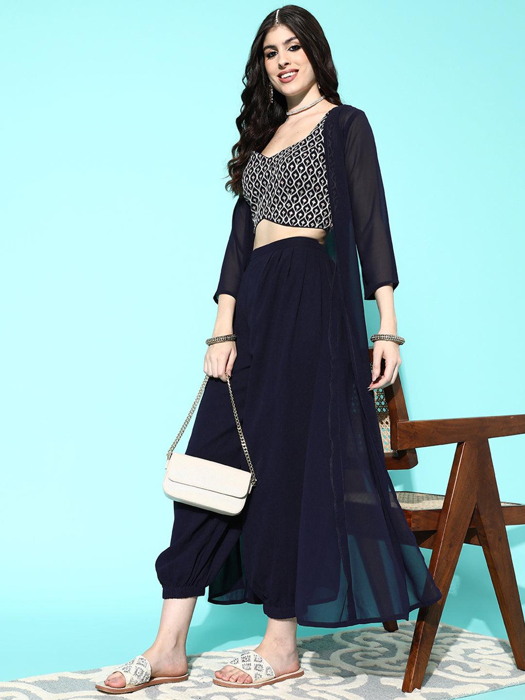 Navy Blue Embellished Georgette Top With Salwar & Shrug