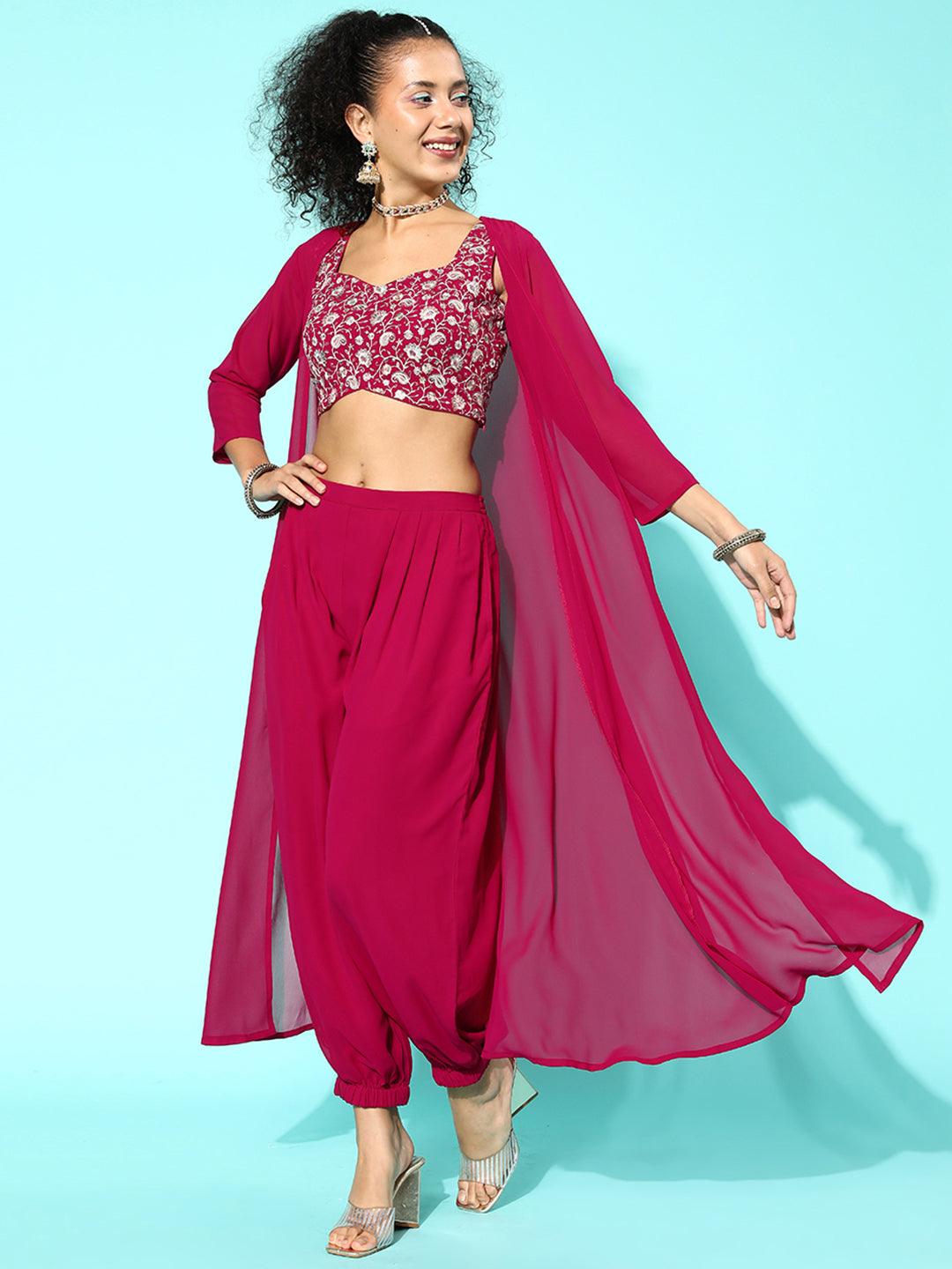 Magenta Embellished Georgette Top With Salwar & Shrug