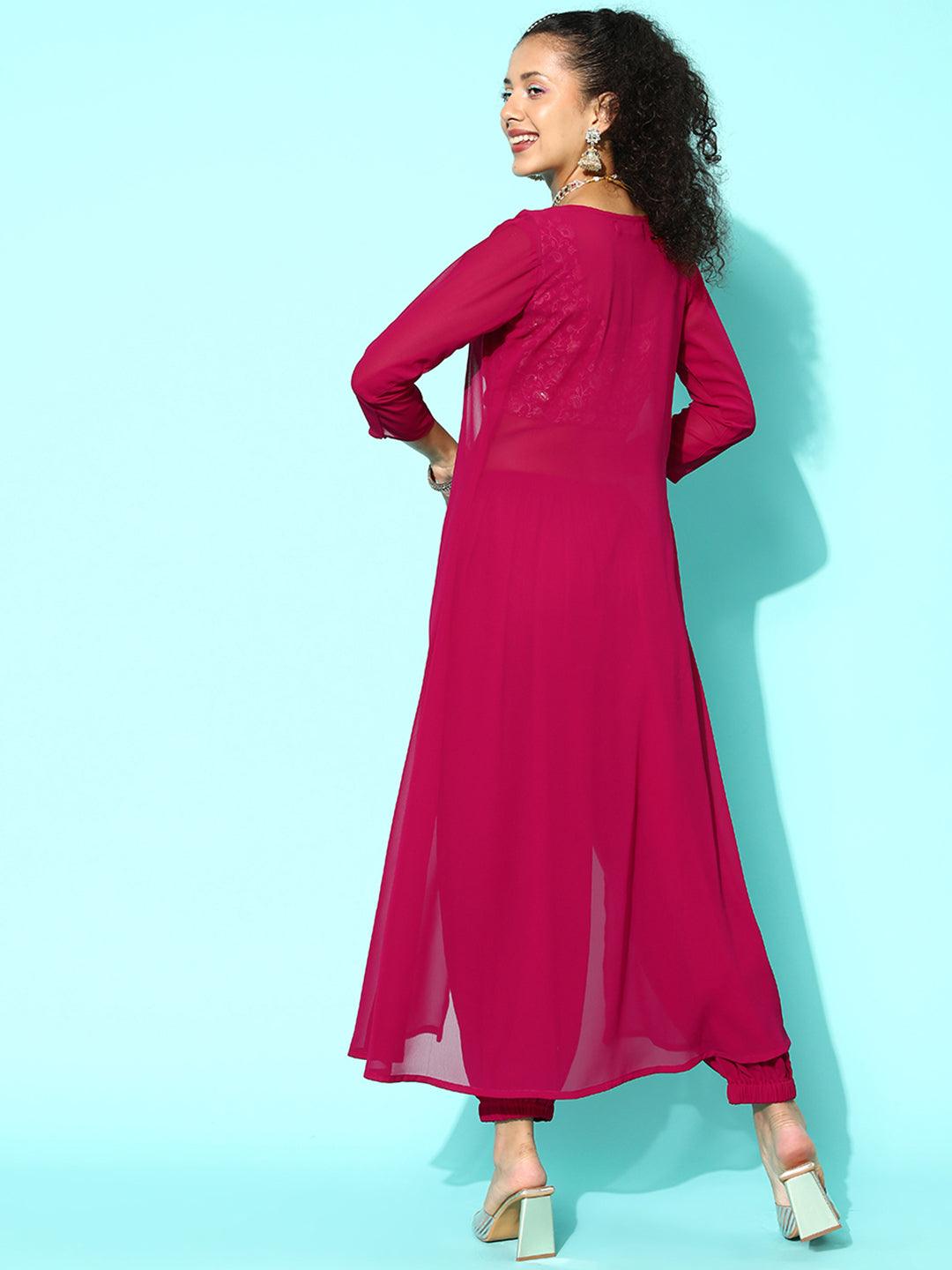 Magenta Embellished Georgette Top With Salwar & Shrug