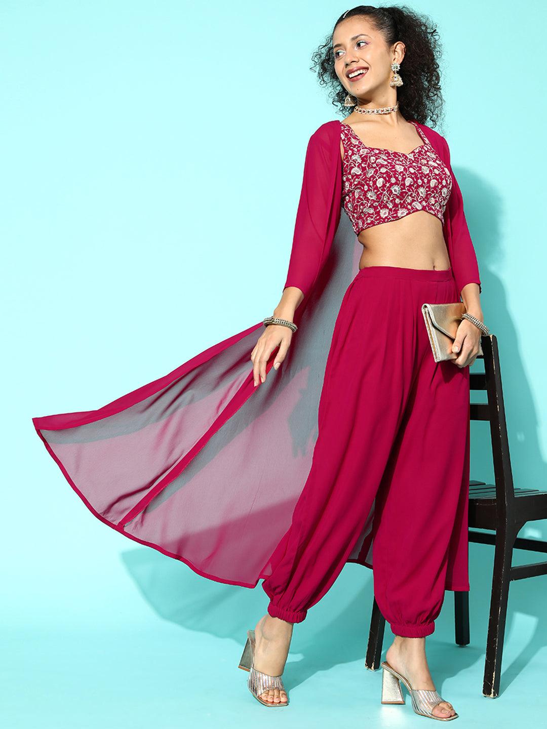 Magenta Embellished Georgette Top With Salwar & Shrug