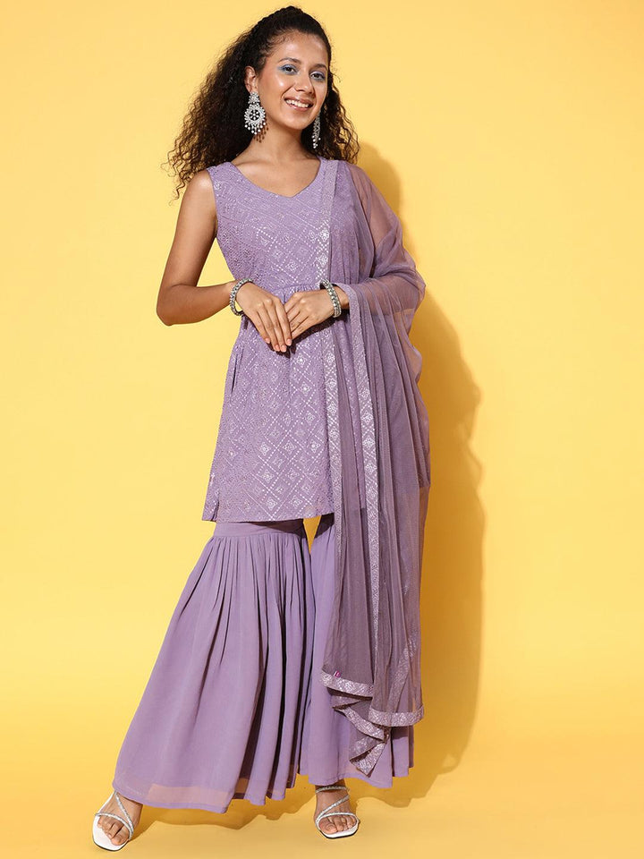 Lavender Embroidered Georgette A-Line Kurta With Sharara & Dupatta - ShopLibas