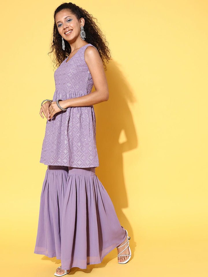 Lavender Embroidered Georgette A-Line Kurta With Sharara & Dupatta - ShopLibas