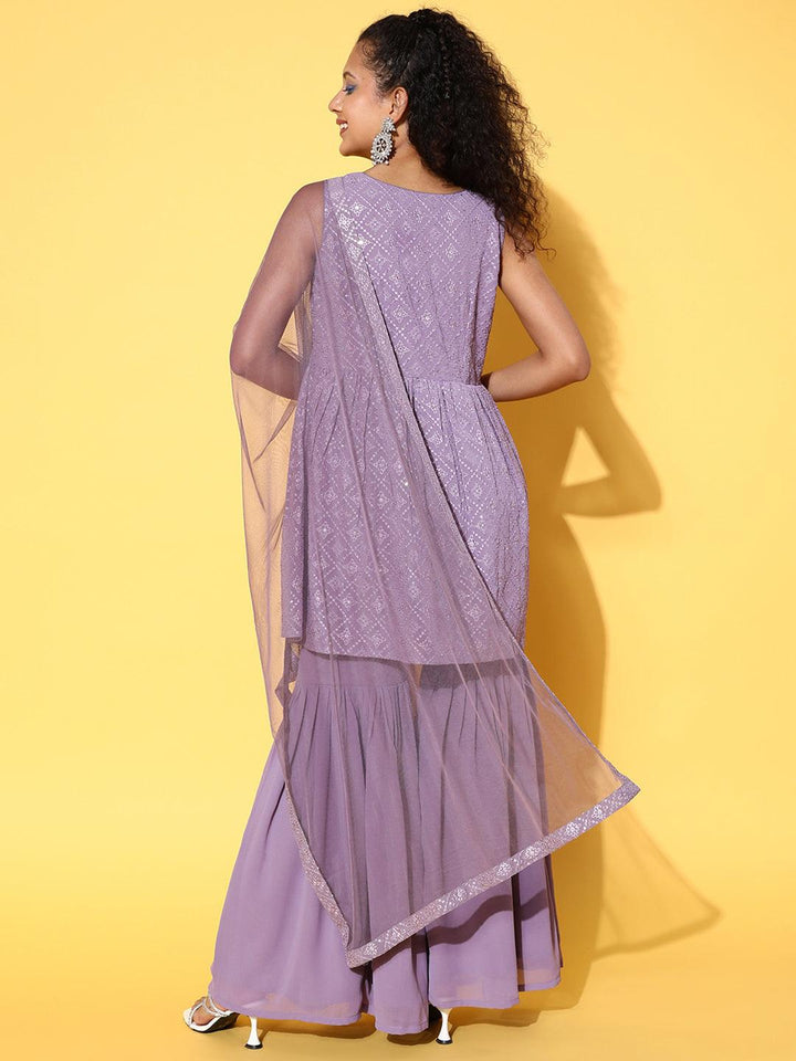 Lavender Embroidered Georgette A-Line Kurta With Sharara & Dupatta - ShopLibas