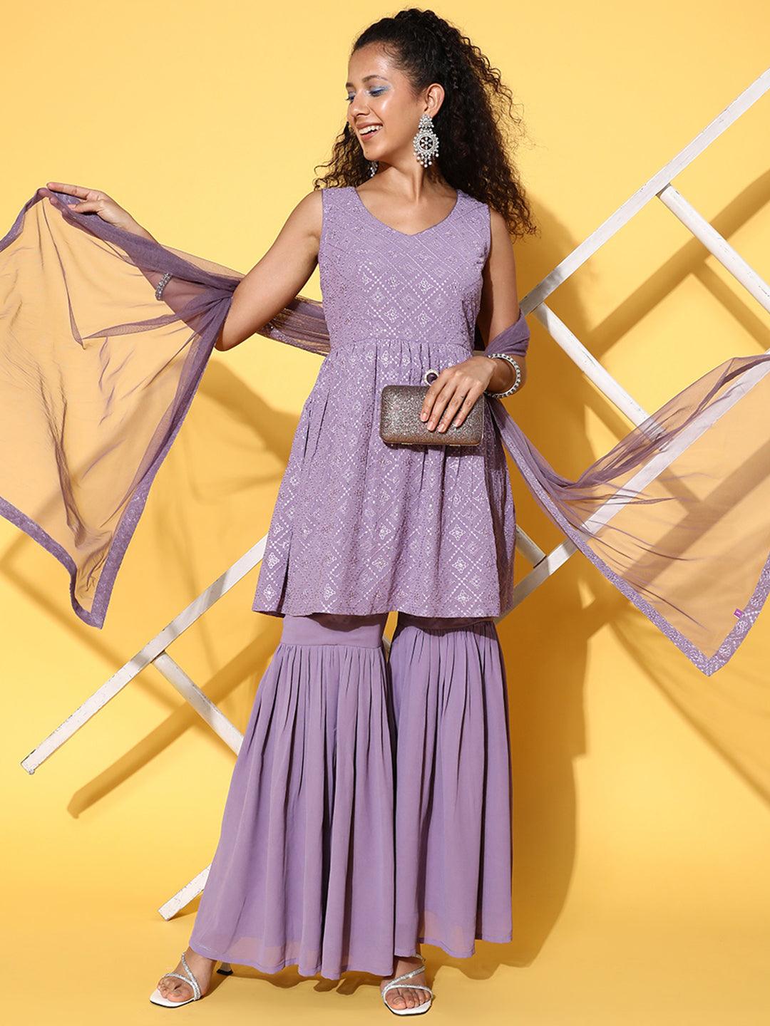 Lavender Embroidered Georgette A-Line Kurta With Sharara & Dupatta - ShopLibas