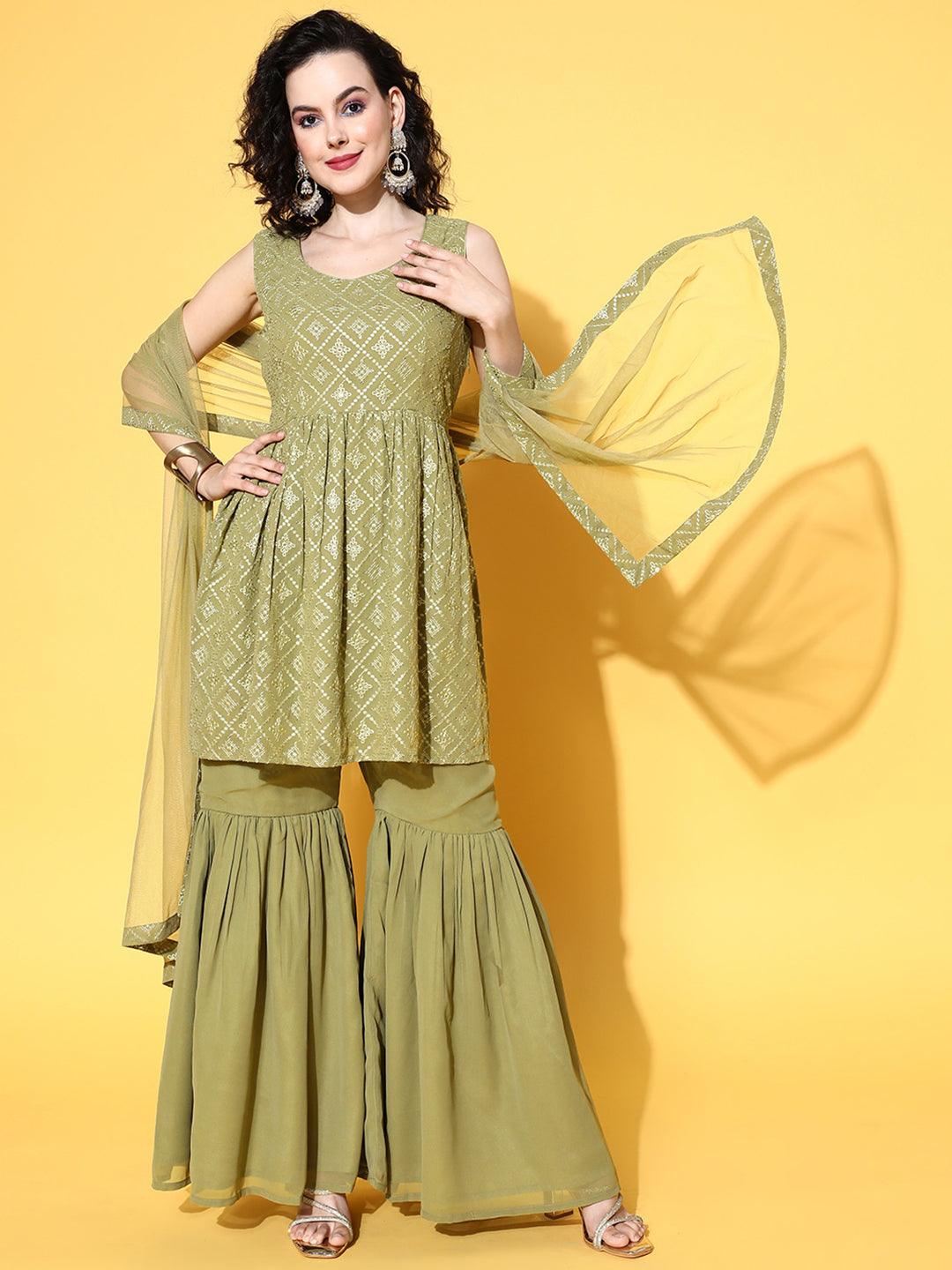 Olive Embroidered Georgette A-Line Kurta With Sharara & Dupatta