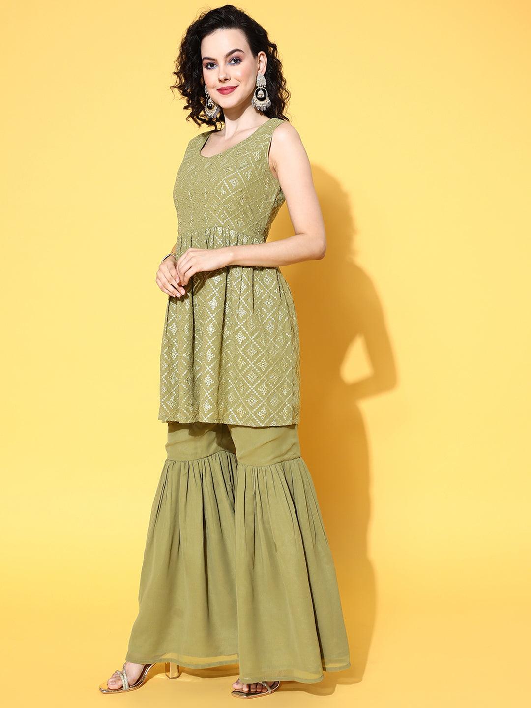 Olive Embroidered Georgette A-Line Kurta With Sharara & Dupatta