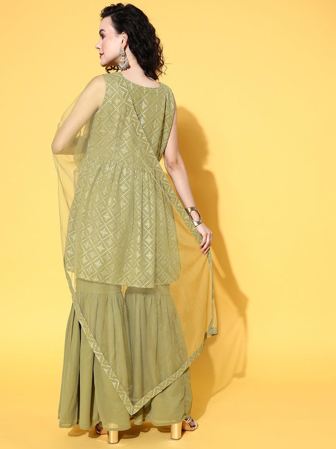 Olive Embroidered Georgette A-Line Kurta With Sharara & Dupatta