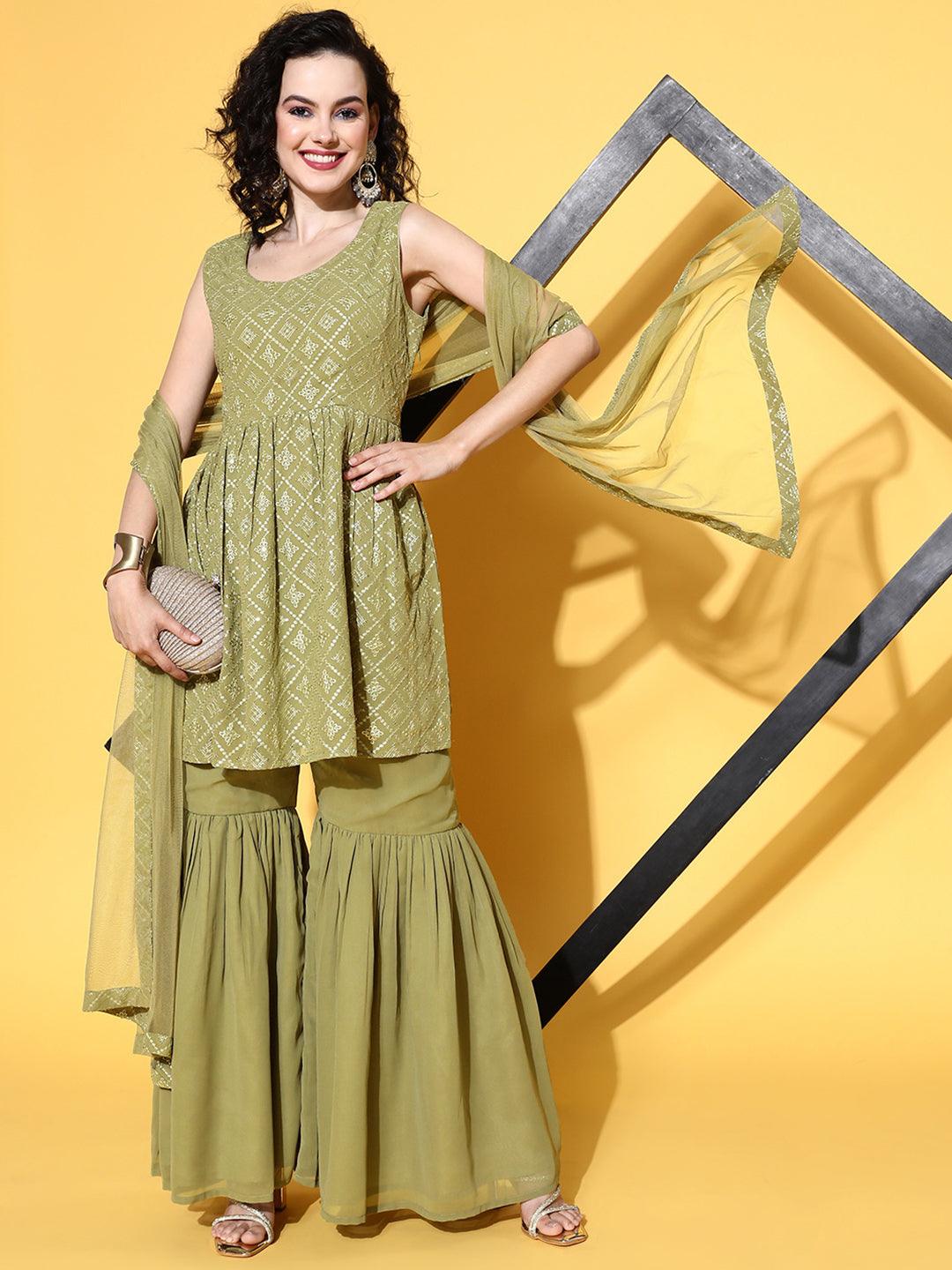 Olive Embroidered Georgette A-Line Kurta With Sharara & Dupatta