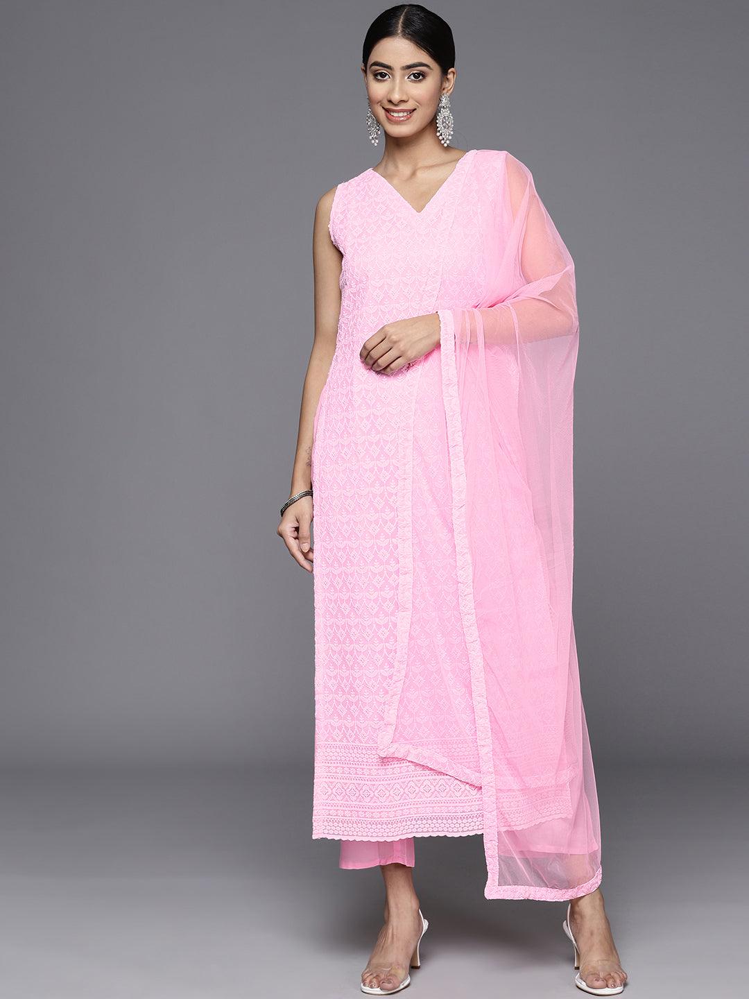 Pink Embroidered Georgette Straight Kurta With Trousers & Dupatta - ShopLibas