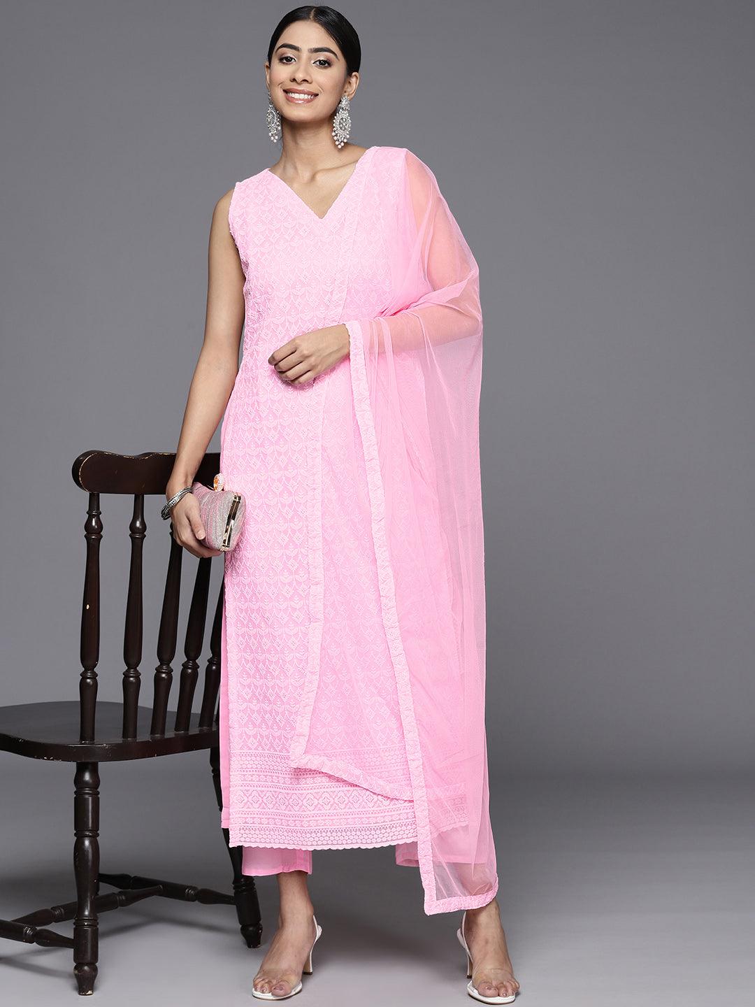 Pink Embroidered Georgette Straight Kurta With Trousers & Dupatta - ShopLibas