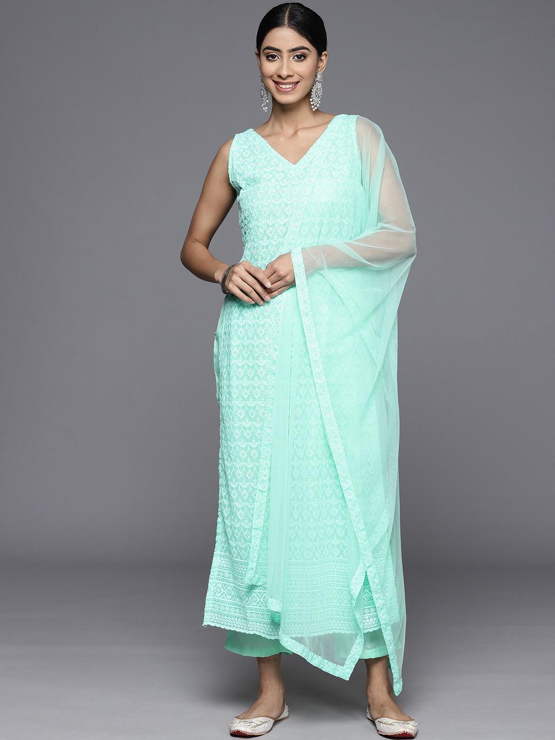 Sea Green Embroidered Georgette Straight Kurta With Trousers & Dupatta - ShopLibas