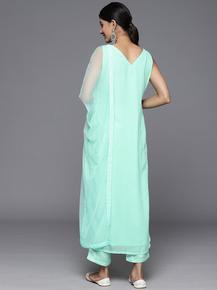 Sea Green Embroidered Georgette Straight Kurta With Trousers & Dupatta - ShopLibas