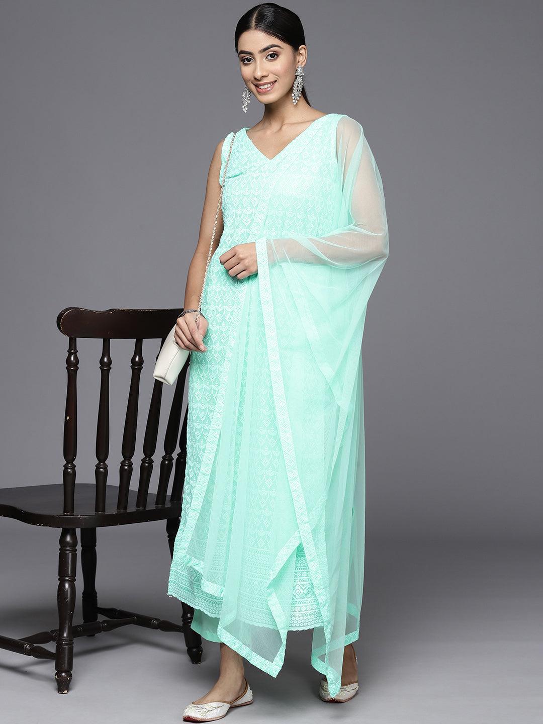 Sea Green Embroidered Georgette Straight Kurta With Trousers & Dupatta - ShopLibas