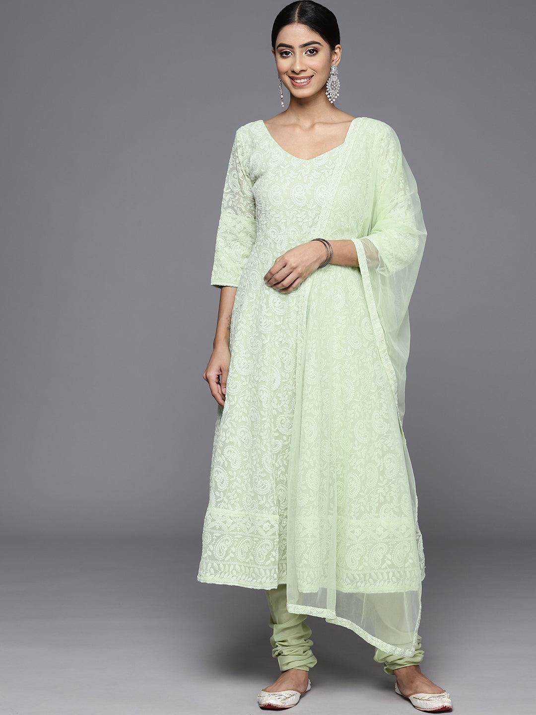 Green Embroidered Georgette Anarkali Kurta With Churidar & Dupatta - ShopLibas