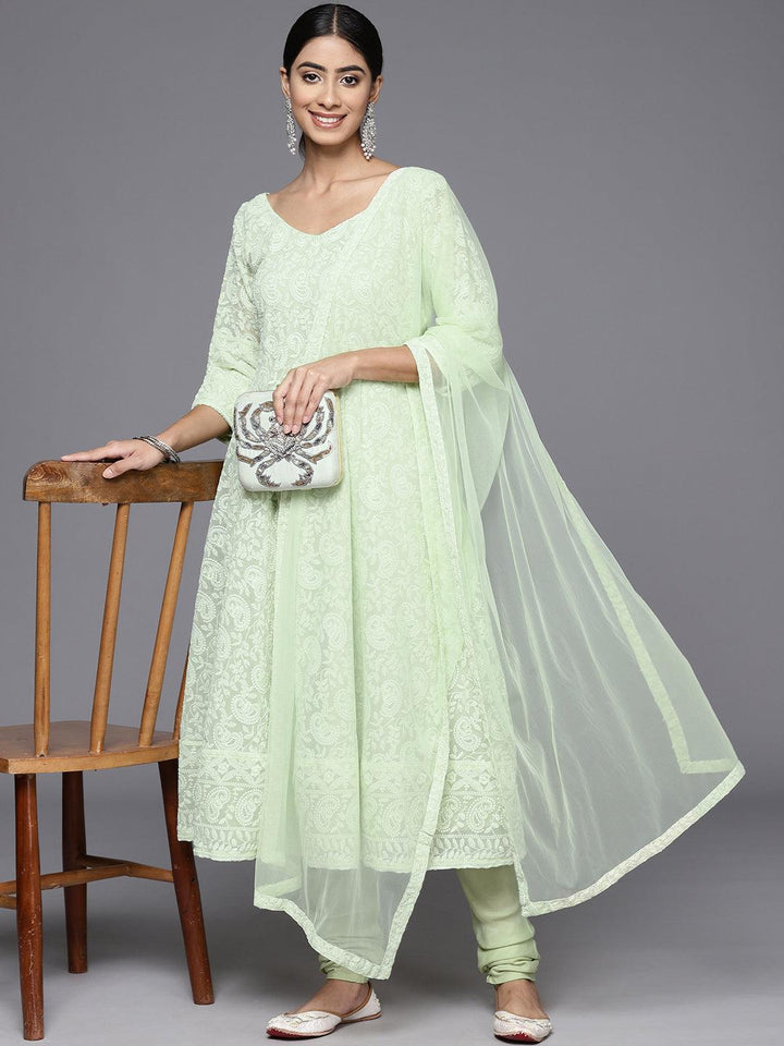 Green Embroidered Georgette Anarkali Kurta With Churidar & Dupatta - ShopLibas