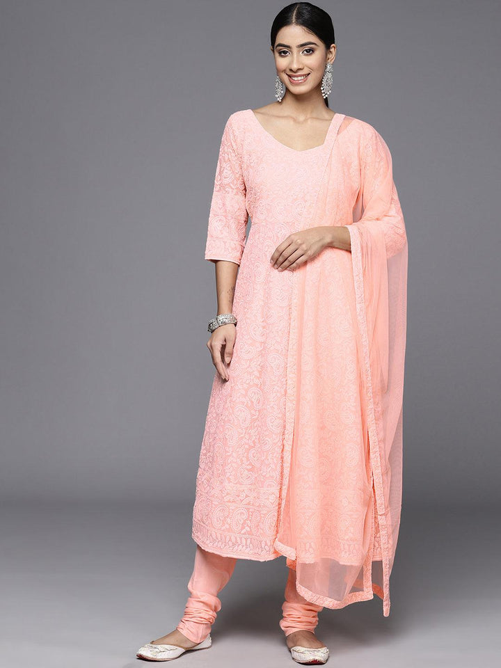 Peach Embroidered Georgette Anarkali Kurta With Churidar & Dupatta - ShopLibas