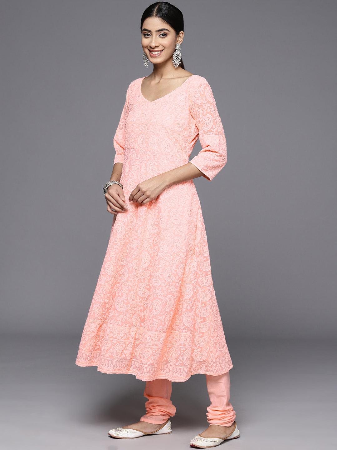 Peach Embroidered Georgette Anarkali Kurta With Churidar & Dupatta - ShopLibas