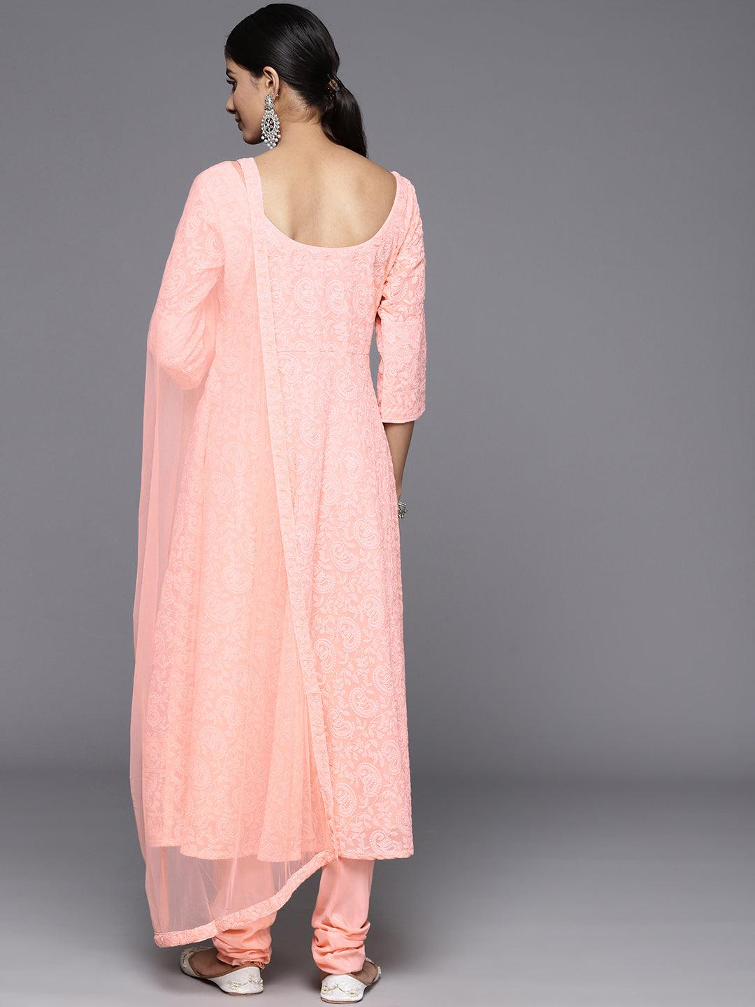 Peach Embroidered Georgette Anarkali Kurta With Churidar & Dupatta - ShopLibas