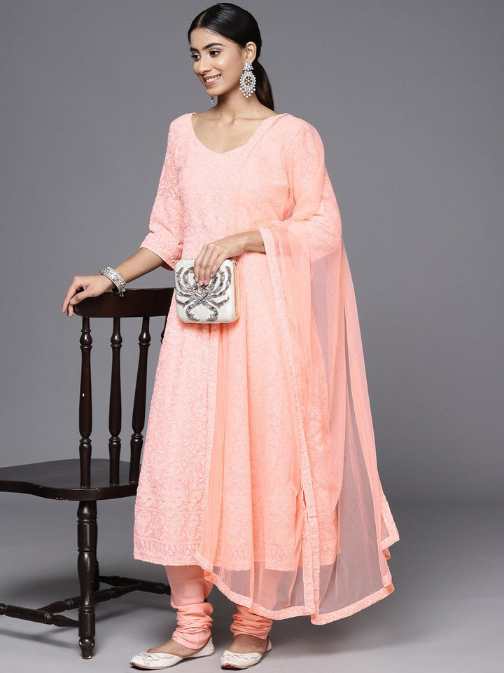 Peach Embroidered Georgette Anarkali Kurta With Churidar & Dupatta - ShopLibas