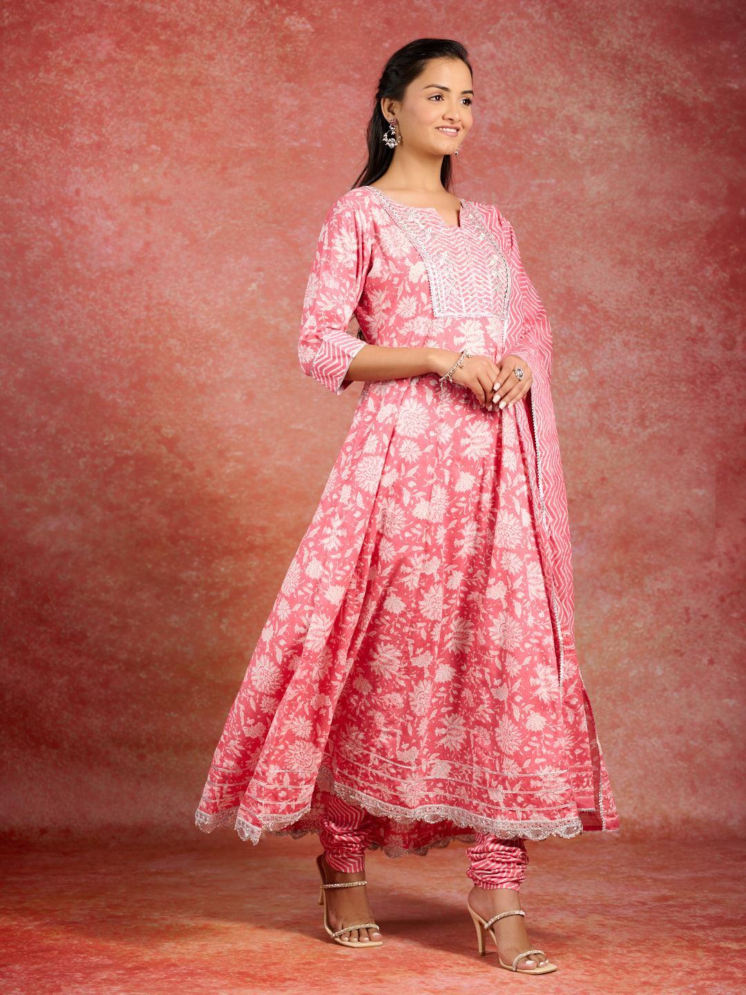 Coral Printed Cotton Anarkali Kurta With Churidar & Dupatta - ShopLibas