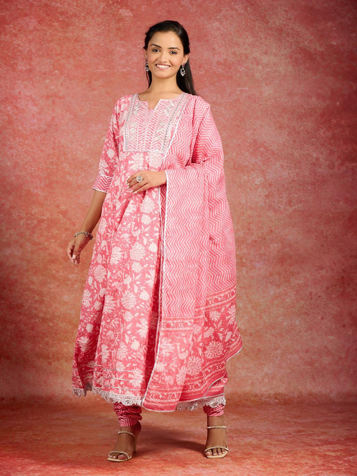 Coral Printed Cotton Anarkali Kurta With Churidar & Dupatta - ShopLibas