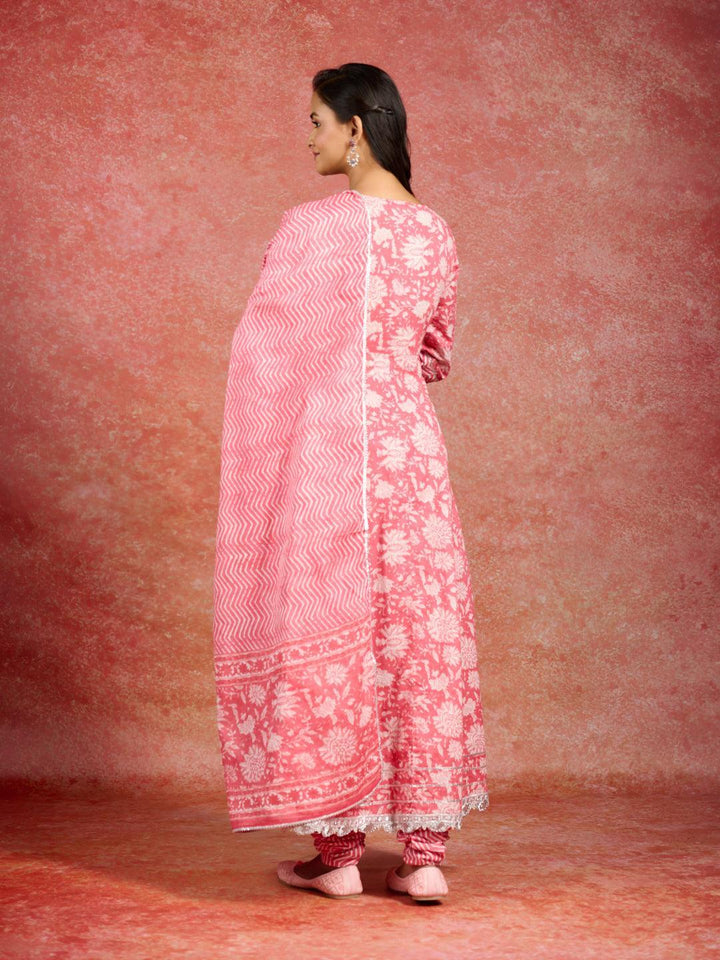 Coral Printed Cotton Anarkali Kurta With Churidar & Dupatta - ShopLibas