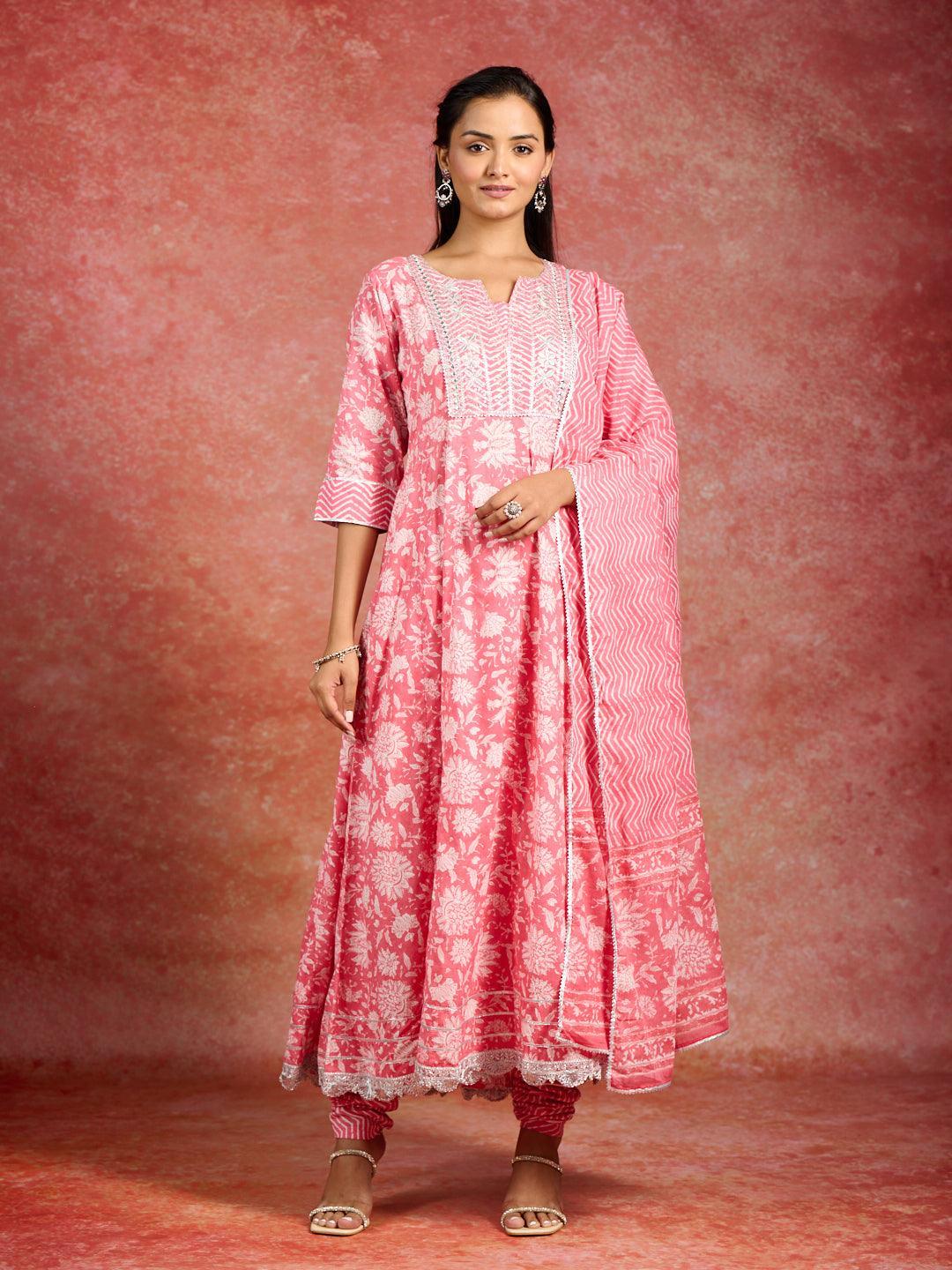 Coral Printed Cotton Anarkali Kurta With Churidar & Dupatta - ShopLibas