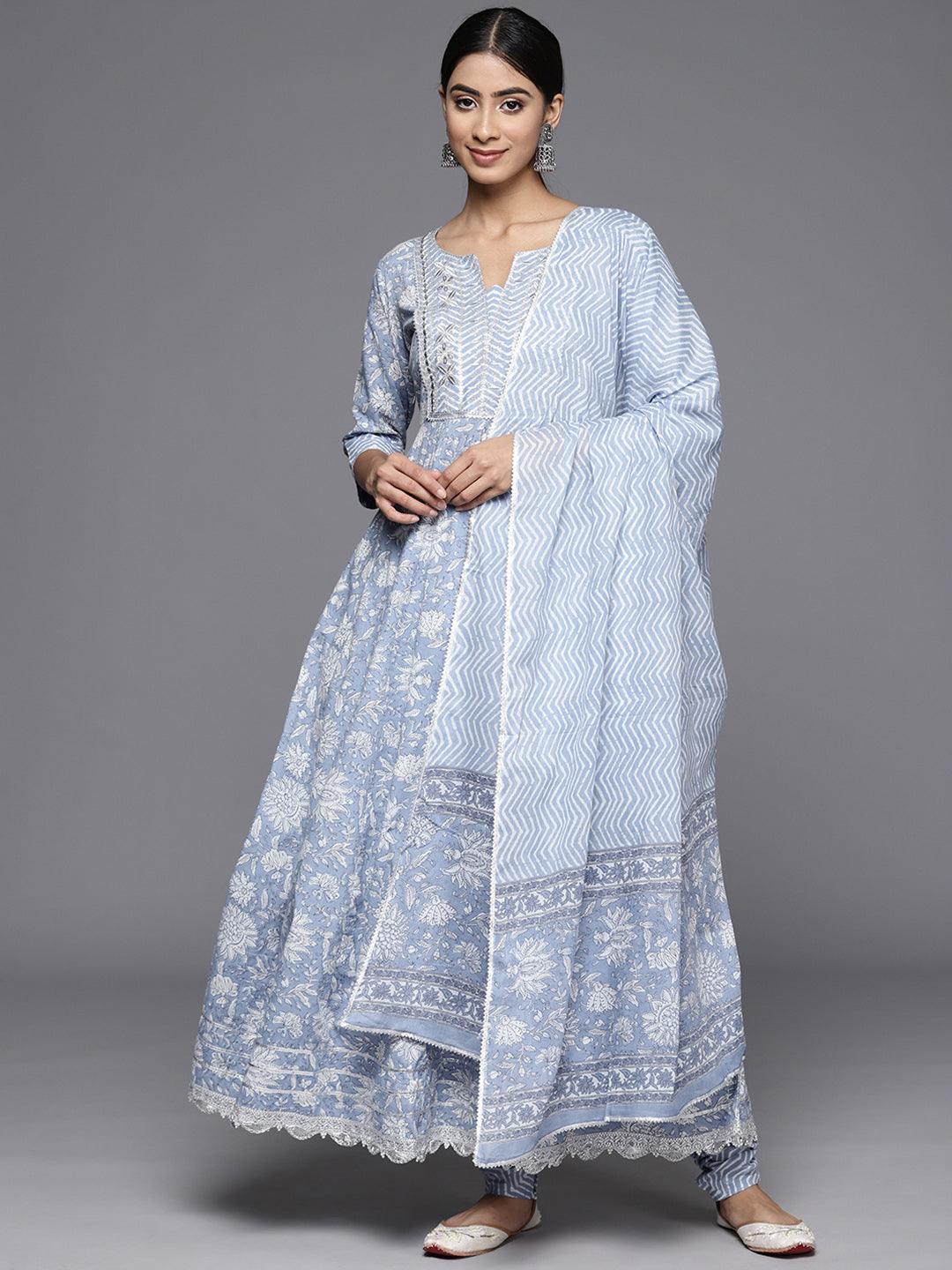 Blue Yoke Design Cotton Anarkali Kurta With Churidar & Dupatta - ShopLibas