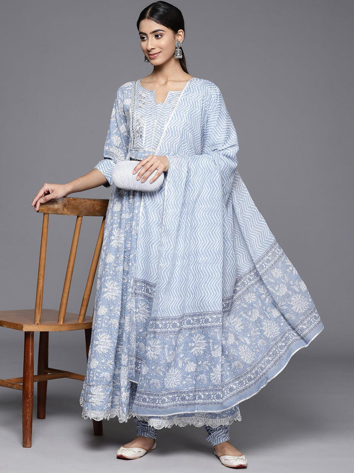 Blue Yoke Design Cotton Anarkali Kurta With Churidar & Dupatta - ShopLibas