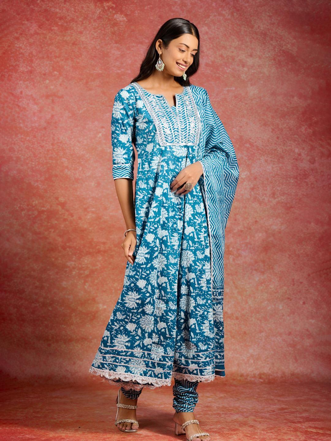 Blue Printed Cotton Anarkali Kurta With Churidar & Dupatta