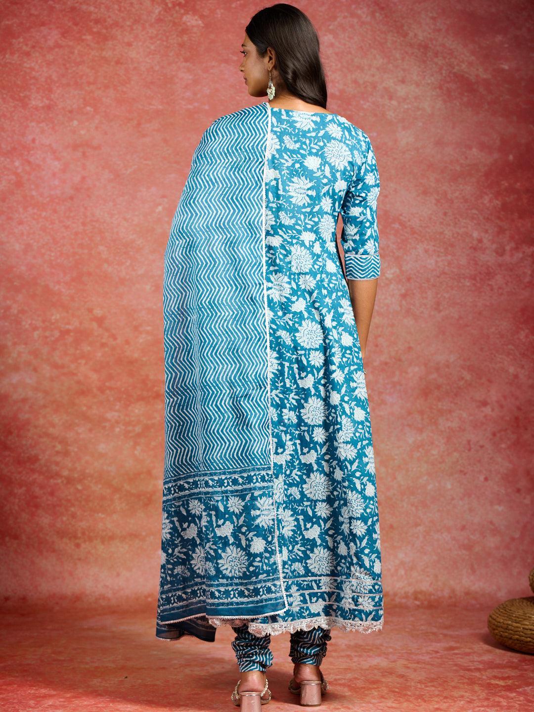 Blue Printed Cotton Anarkali Kurta With Churidar & Dupatta - ShopLibas