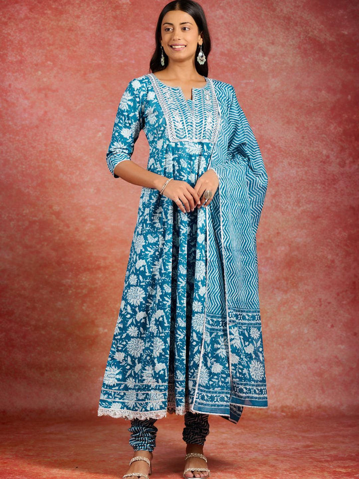 Blue Printed Cotton Anarkali Kurta With Churidar & Dupatta - ShopLibas