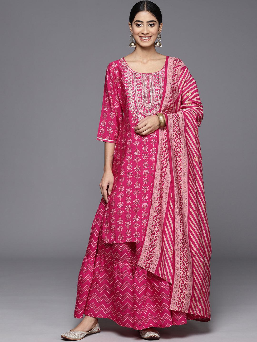 Magenta Yoke Design Silk Blend Straight Kurta With Skirt & Dupatta - ShopLibas