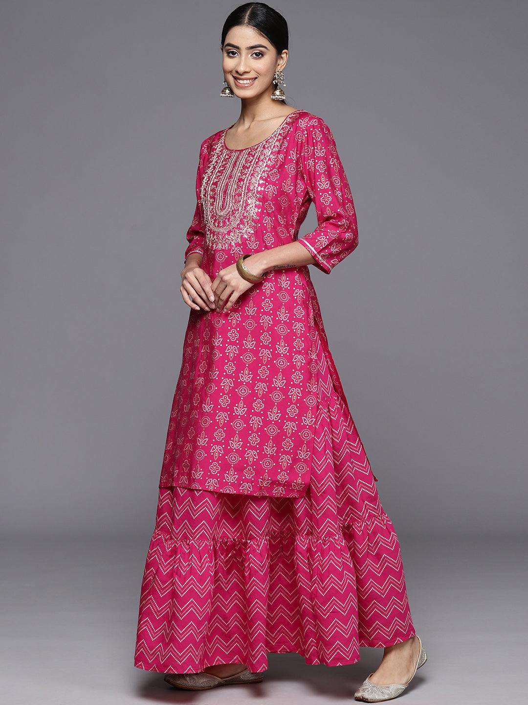 Magenta Yoke Design Silk Blend Straight Kurta With Skirt & Dupatta - ShopLibas