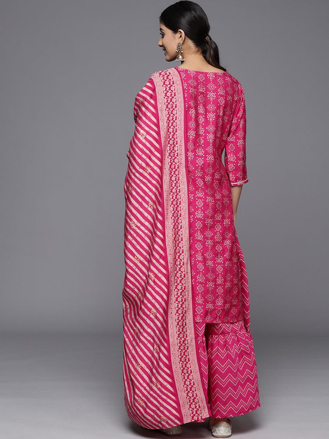 Magenta Yoke Design Silk Blend Straight Kurta With Skirt & Dupatta - ShopLibas